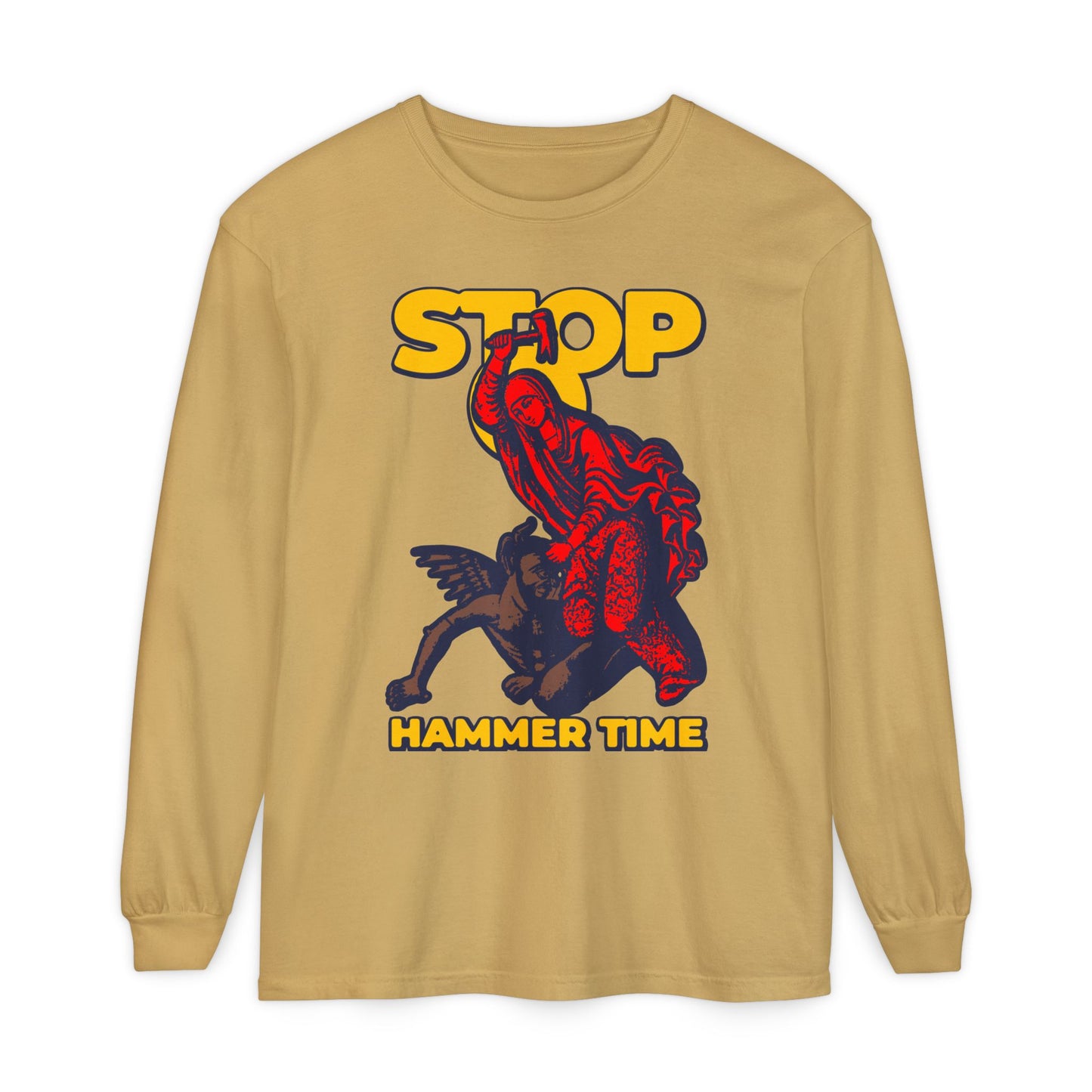 The "St Marina of Antioch Beating the Devil with a Hammer" long sleeve features red, blue, and yellow "Stop, Hammer Time" text and a red monster—a playful modern Orthodox meme inspired by the Christian saint's story.
