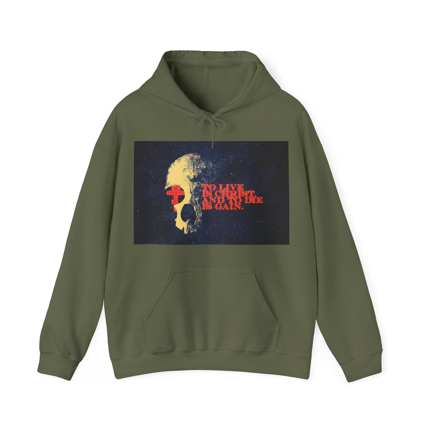 To Live is Christ and to Die is Gain | Phil 1:21 | Retro Texture | Glowing Letters and Cross with Skull | Orthodox Christian Hoodie