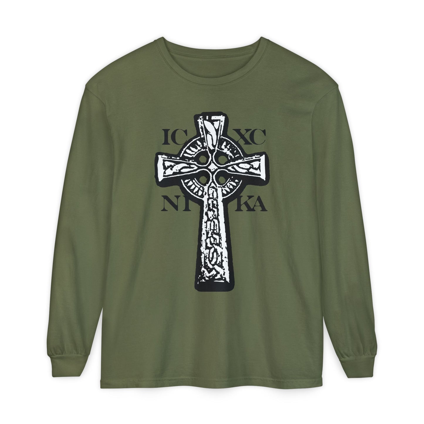 Hemp long-sleeve shirt featuring a black and white ICXC NIKA Celtic Knotwork Cross on a red background, symbolizing “Jesus Christ Conquers.” A traditional Orthodox Christian design expressing faith and salvation.