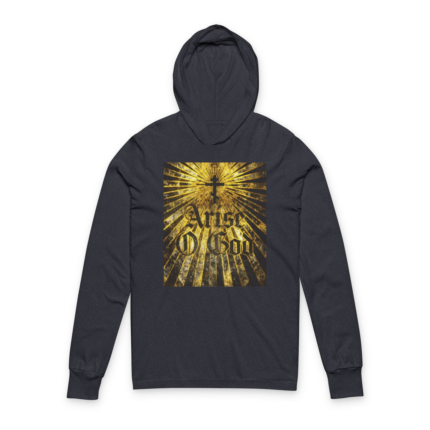 Heather navy hoodie featuring "Arise O God" in textured Gothic font with Orthodox cross and golden rays—a bold nod to the Divine Council worldview from Psalm 81 (82 LXX). Orthodox Christian hooded shirt.