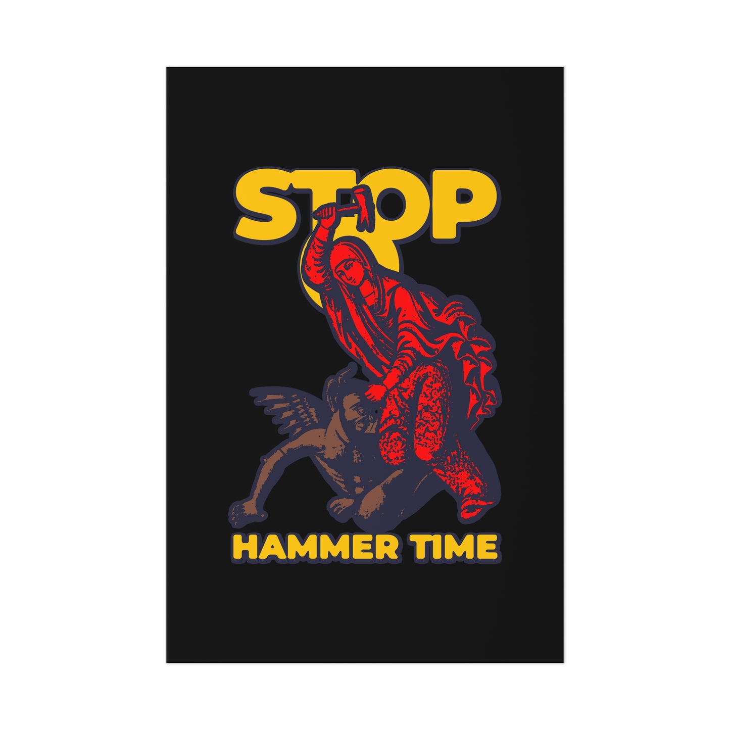 The "St Marina of Antioch Beating the Devil with a Hammer" poster shows her in red robes with a hammer, riding a winged beast, with "STOP, HAMMER TIME" in yellow—modern Orthodox meme art in red, blue, and yellow.