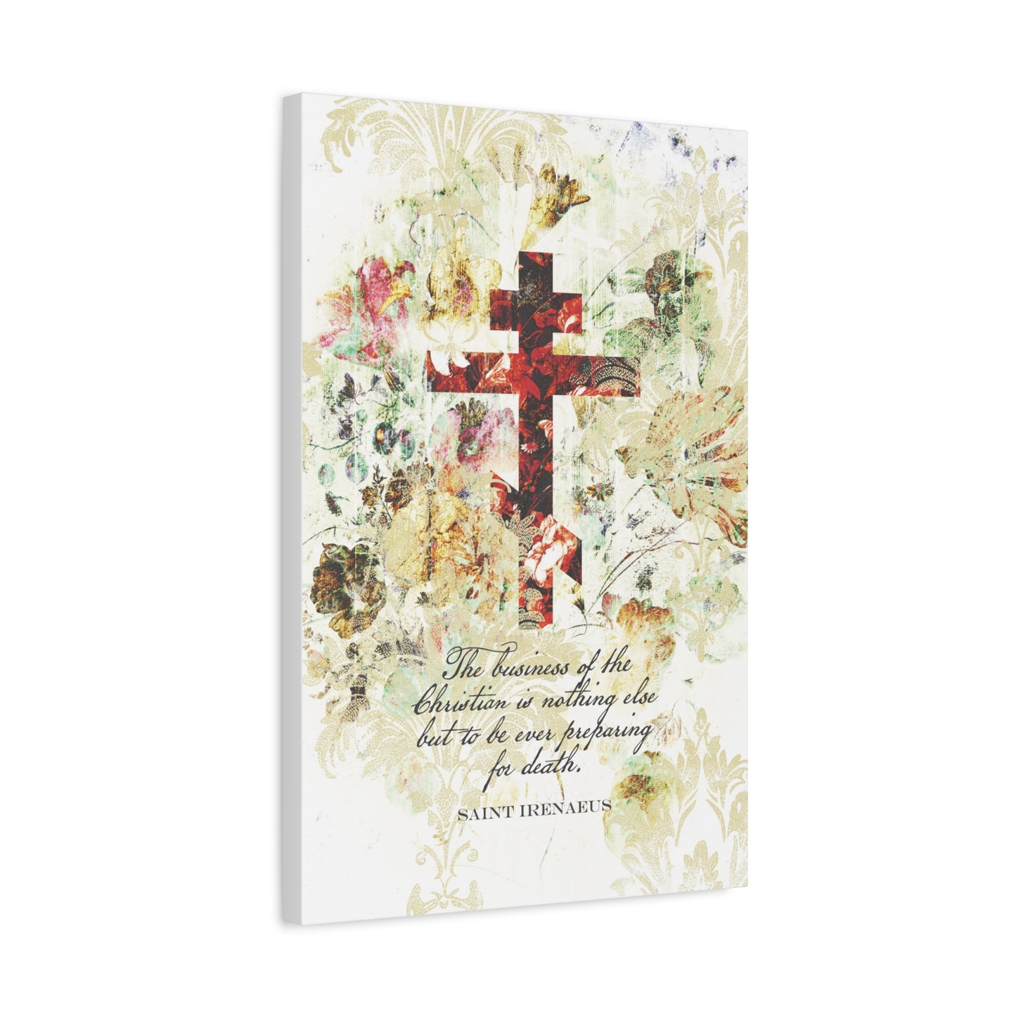 Preparing For Death | White & Beige Floral Scrapbook Texture Cross | Arts & Crafts Style | St Irenaeus | Orthodox Christian Canvas Art