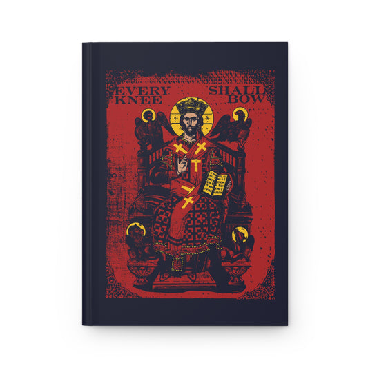 Striking red and black Orthodox journal featuring Christ Enthroned iconographic art with "Every Knee Shall Bow" (Phil 2:8-11, Isaiah 45:23) and the 4 Living Creatures of Ezekiel's Chariot.