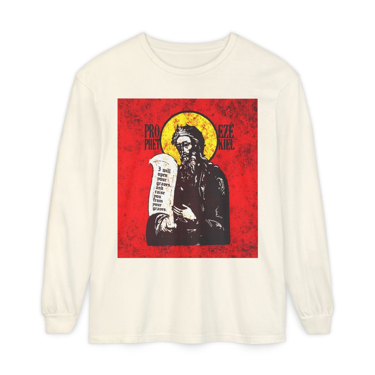 Prophet Ezekiel IconoGraphic | Textured, High Contrast Bright Red and Yellow Design | Old Testament | Orthodox Christian Long Sleeve Shirt