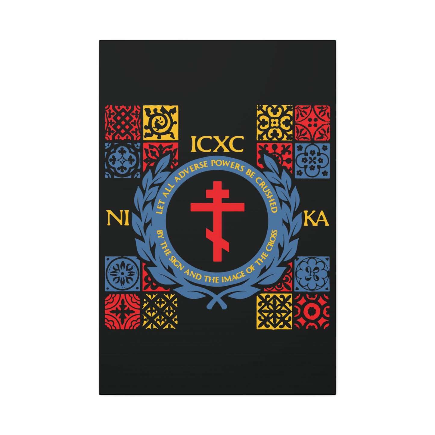 Let All Adverse Powers Be Crushed (Red, Yellow & Blue Design) | ICXC NIKA | Medieval Tile Design | Orthodox Christian Canvas Art