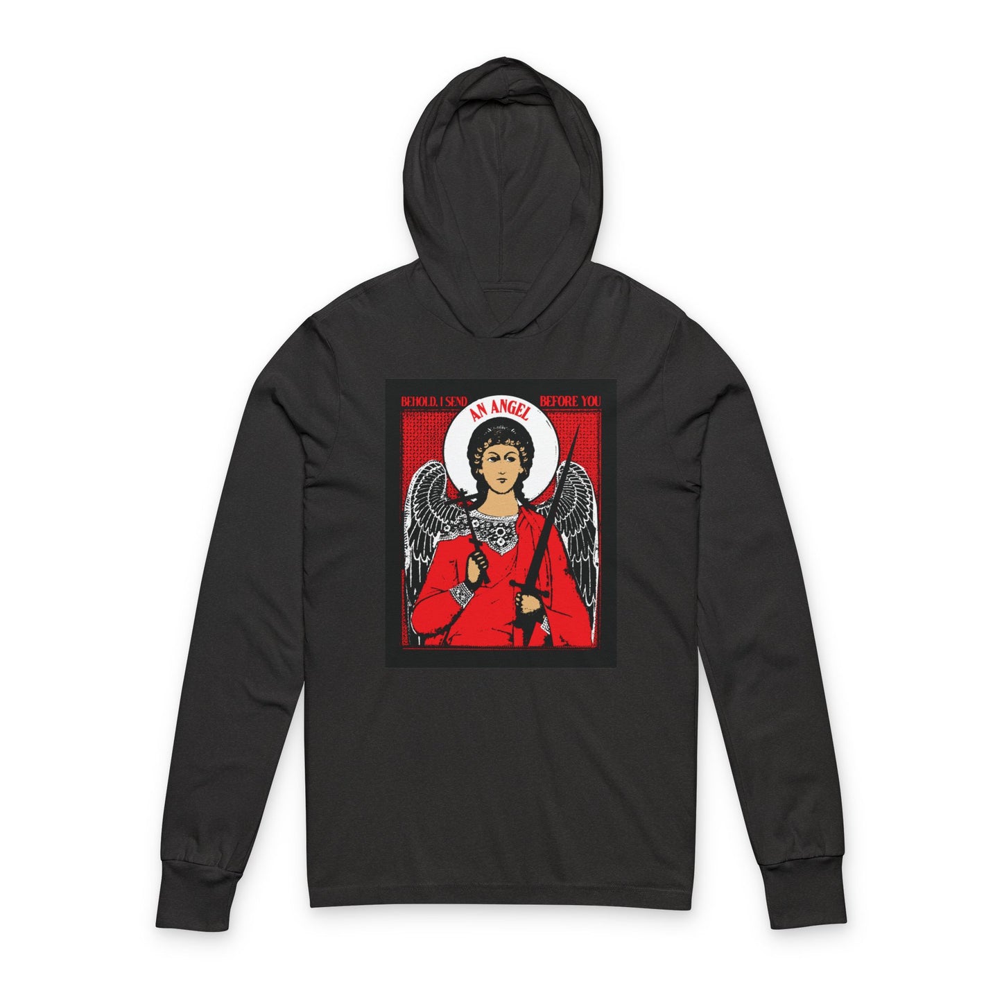 Behold I Send an Angel Before You (Ex 23:20) | Guardian Angel With Cross & Sword IconoGraphic | Orthodox Long Sleeve Hooded Shirt
