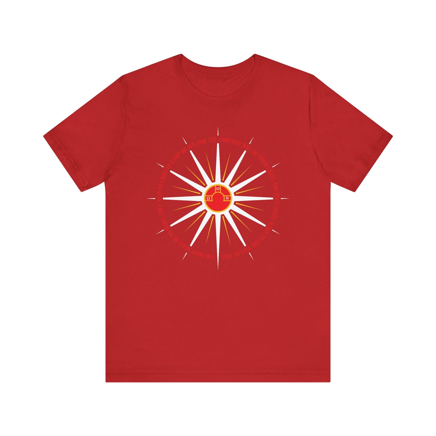 Red "And Night Shall Be No More" Orthodox Christian lightweight cotton t-shirt featuring a white and yellow blazing sun rays design, inspired by the Second Coming and St. Nikolai Velimirovic.