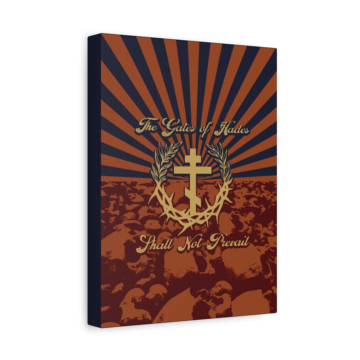 The Gates of Hades Shall Not Prevail | Cross with Wreath & Crown of Thorns | Skulls and Rays | Orthodox Christian Canvas Art