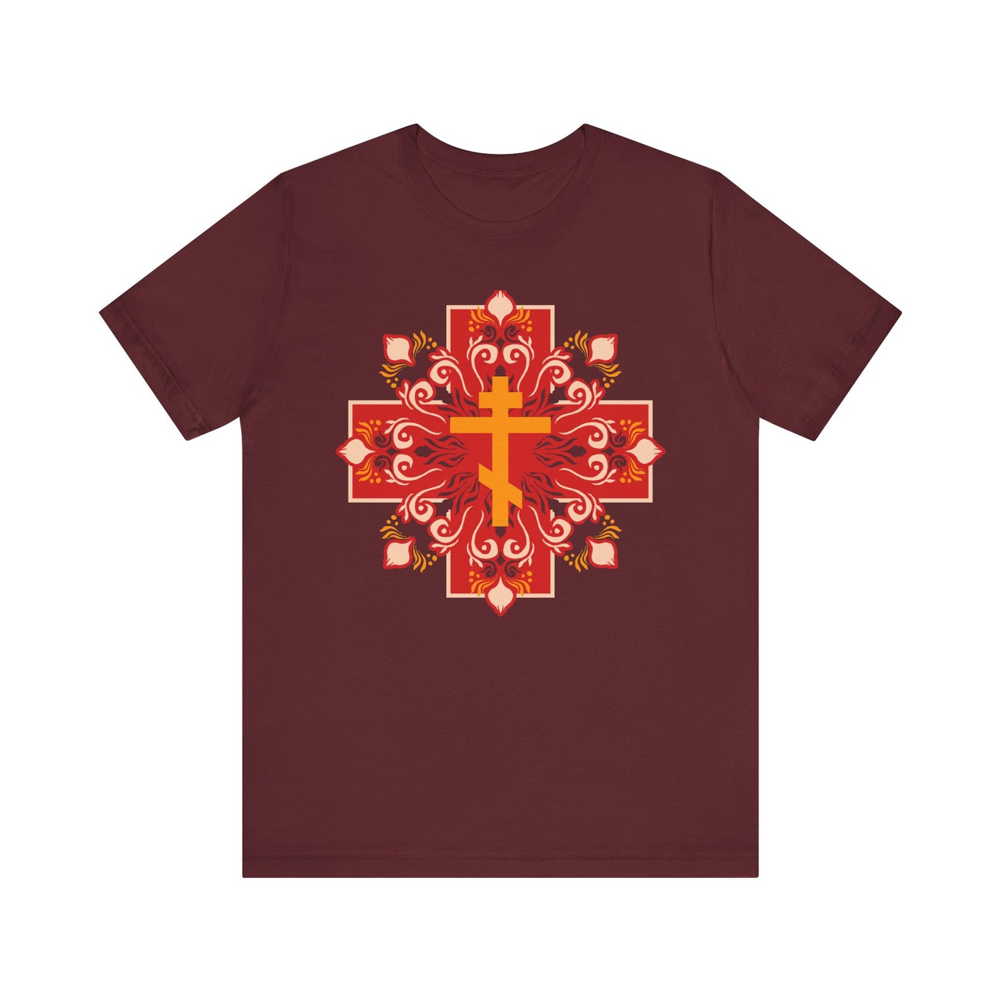 Maroon tee with an orange & red Orthodox cross in a festive pattern, inspired by 1 Peter 2:24—“By His wounds you have been healed.” Lightweight unisex cotton design.