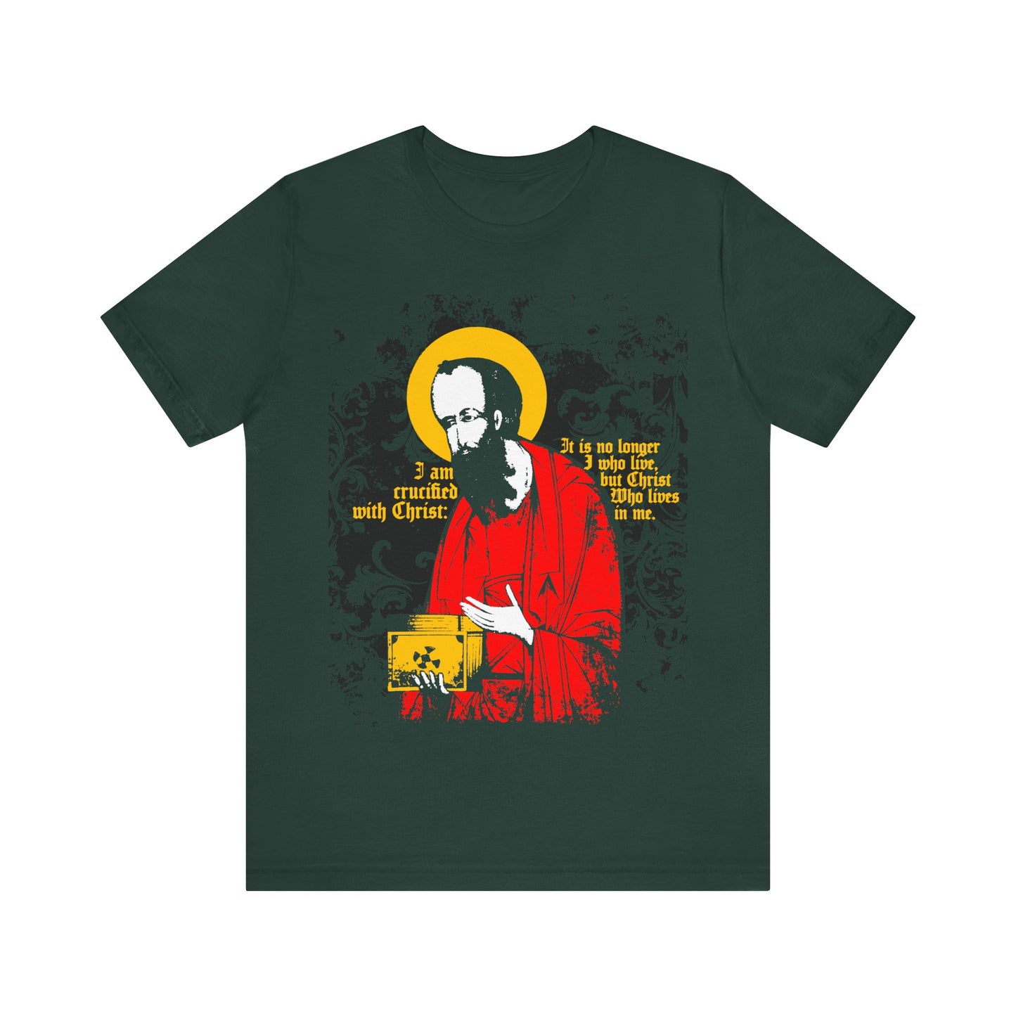 Forest-colored "St Paul Holding Gospel Iconographic" Orthodox Christian T-shirt, featuring St Paul with a yellow halo, small gospel, and the text "I am crucified with Christ" (Galatians 2:20), symbolizing new life in Christ.
