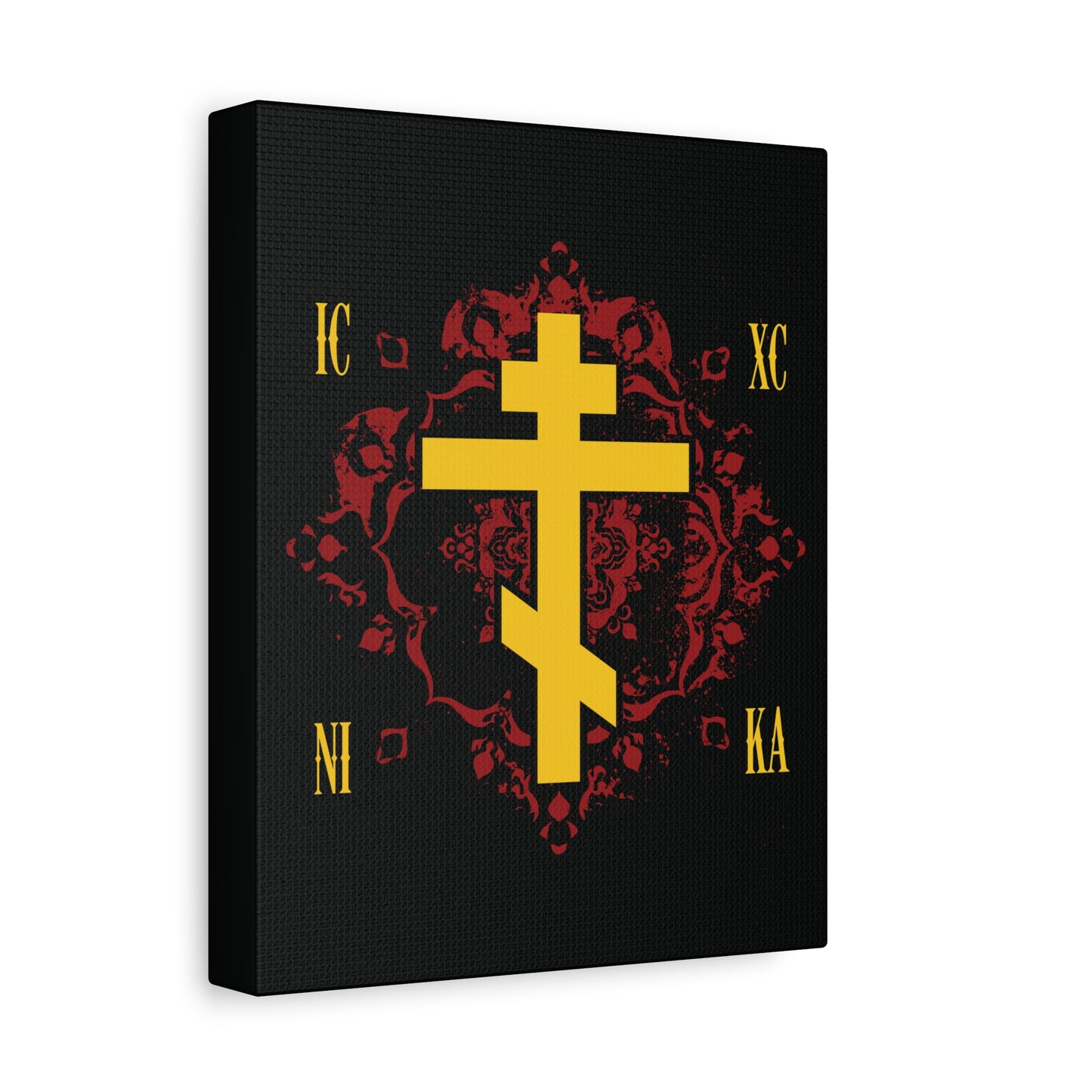 The ICXC NIKA Yellow Russian Cross on Ornate Red Background Canvas displays "Jesus Christ Conquers," blending Orthodox tradition and faith on a striking black canvas—perfect Christian art for inspiring grace.
