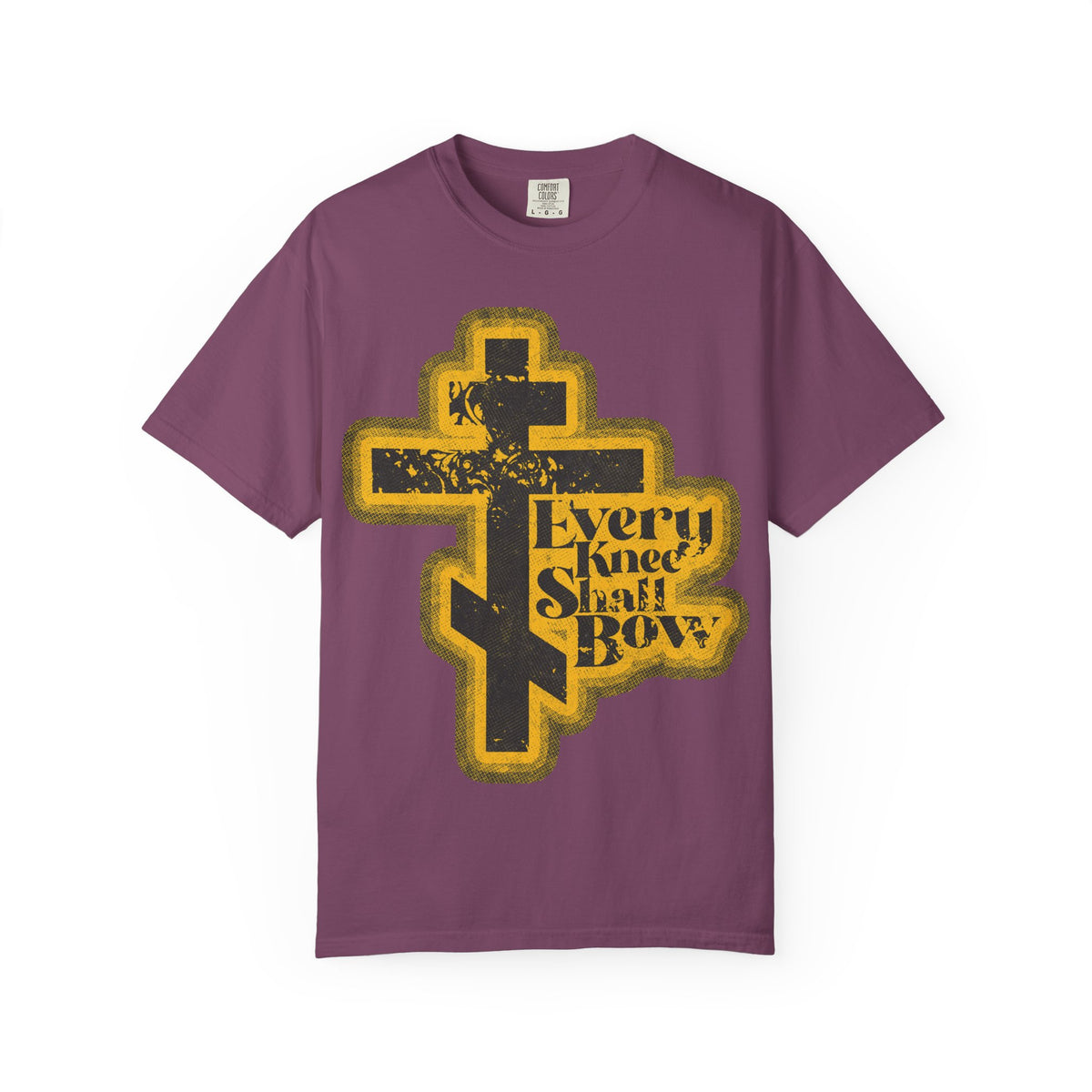 Every Knee Shall Bow | 70s Distressed Halftone Comic Book Aesthetic | Philippians 2:10-11 | Isaiah 45:23 | Heavyweight Cotton Unisex Tee