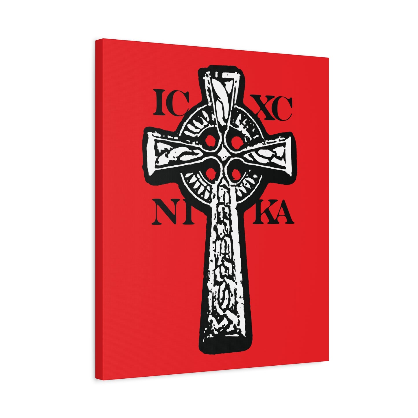 The ICXC NIKA Celtic Knotwork Cross is a traditional black and white Orthodox Christian wall art featuring "Jesus Christ Conquers" Greek letters on a vibrant red background.