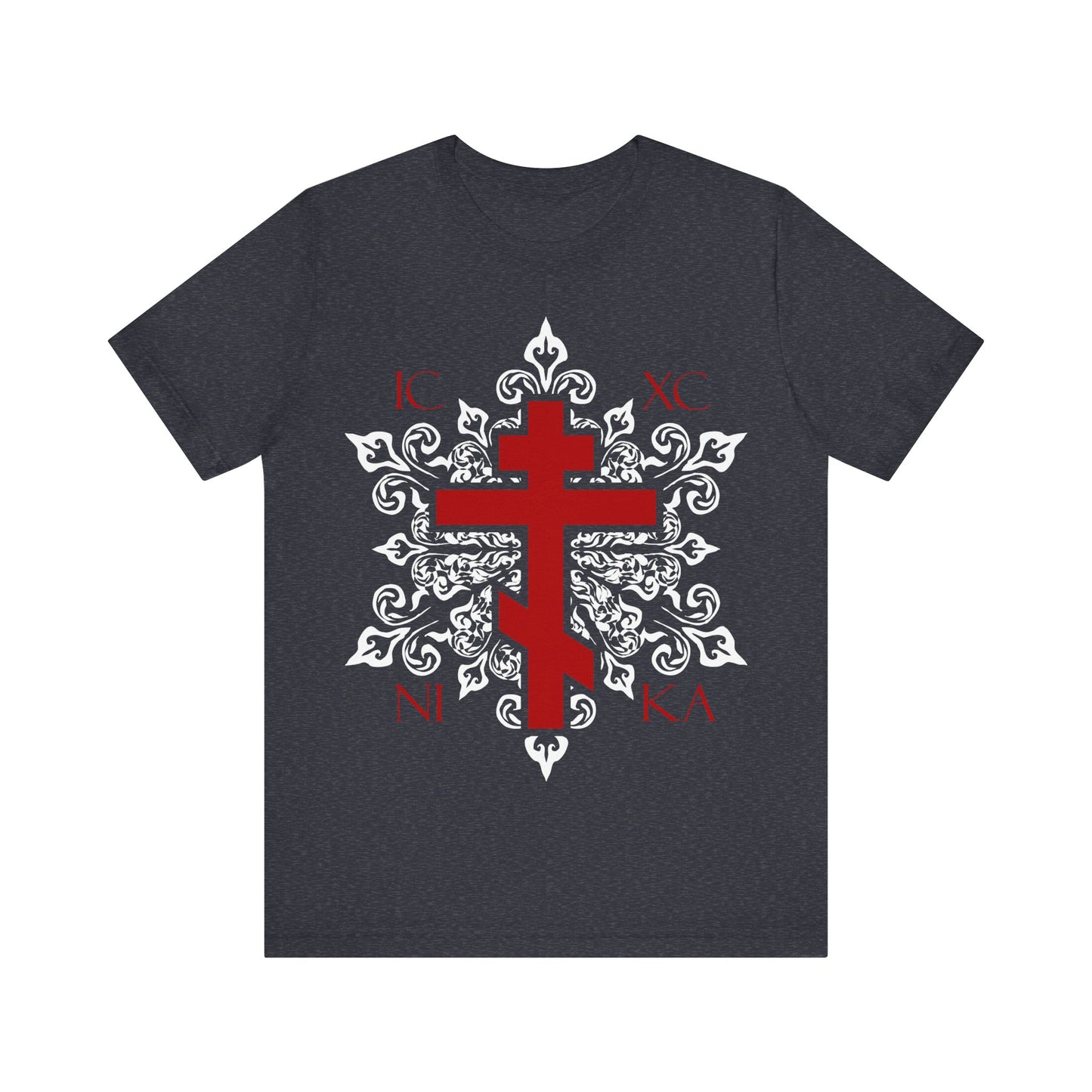 ICXC / NIKA Red Orthodox Cross on Ornate White Medieval Floral Design | Exclusive Best-Selling Orthodox Christian T-Shirt