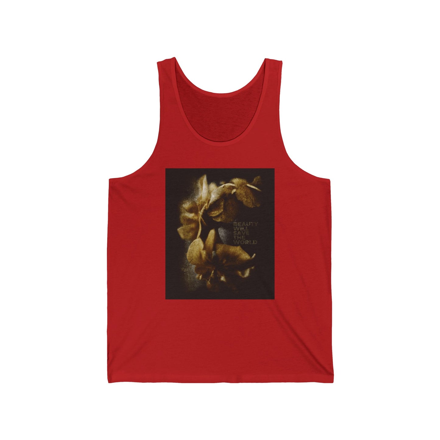 Red tank top featuring a photographic artwork and the text “Beauty Will Save the World”—inspired by Dostoevsky and glorifying Jesus Christ, Universal Creator & King—perfect for elevating everyday Christian style.