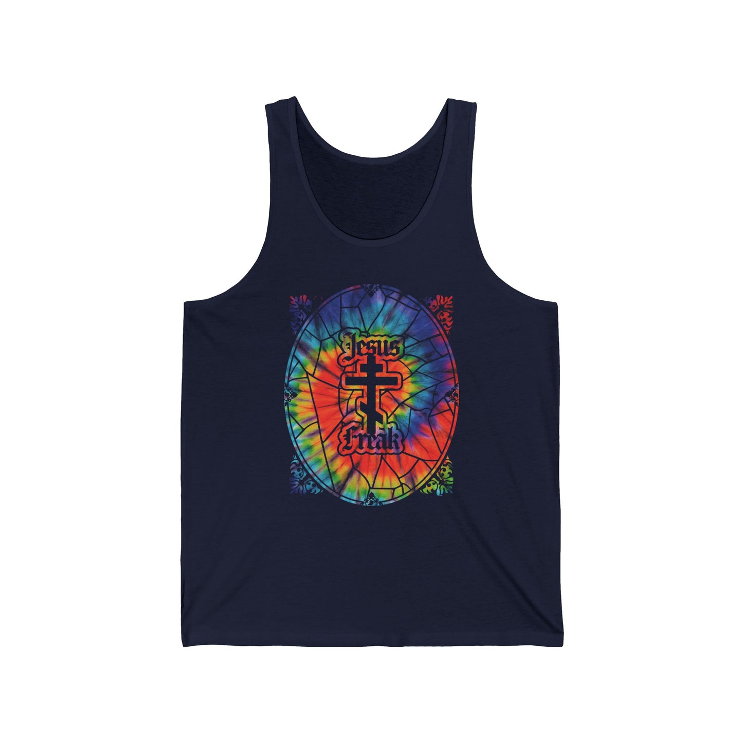 Navy tank top with a tie-dyed stained glass window design and Orthodox cross, featuring “Jesus Freak” text—a bold 70s Jesus Movement hippie Christian statement.