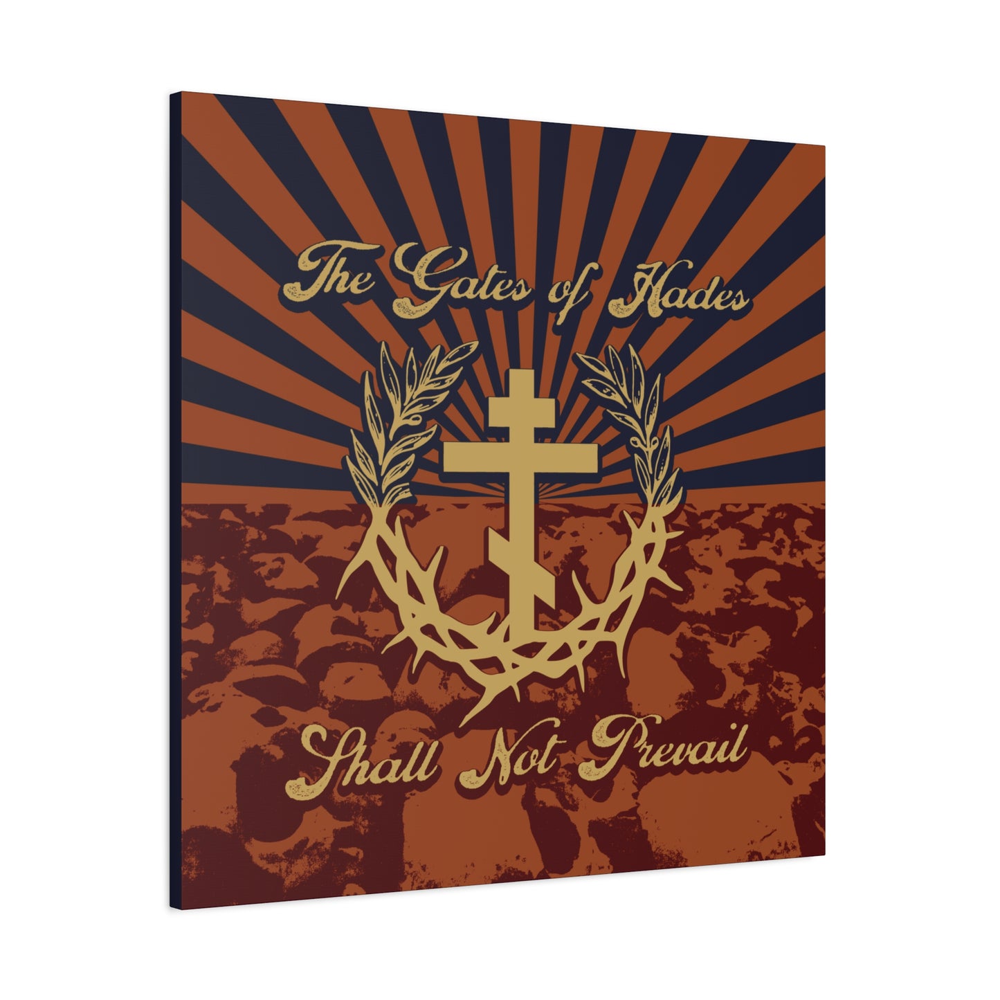 The Gates of Hades Shall Not Prevail | Cross with Wreath & Crown of Thorns | Skulls and Rays | Orthodox Christian Canvas Art