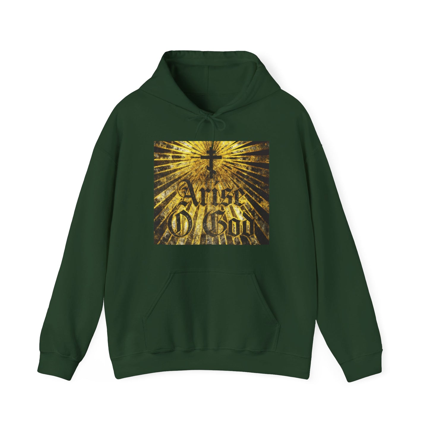 Forest green "Arise O God" hoodie featuring a textured gothic font, Orthodox cross, and gold rays, inspired by Psalm 81 (82 LXX) and the Divine Council worldview. Orthodox Christian apparel.