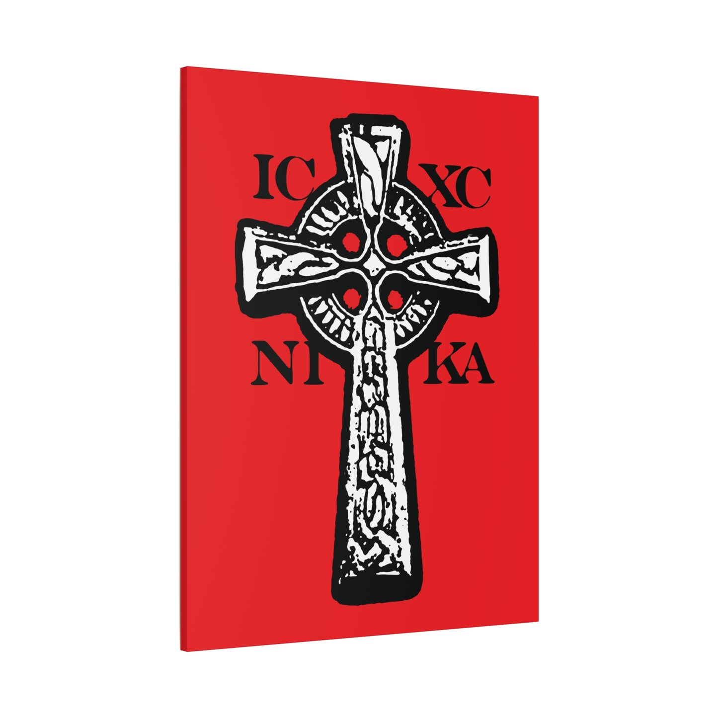 The ICXC NIKA Celtic Knotwork Cross features black and white knotwork with Greek script, symbolizing "Jesus Christ Conquers," on a striking red background—traditional Orthodox Christian wall art.