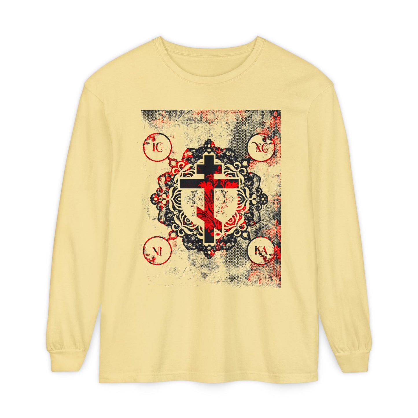 IC XC NIKA Orthodox Cross | Yellow & Red Modern & Medieval Textured Floral Design | Orthodox Christian Long Sleeve Shirt