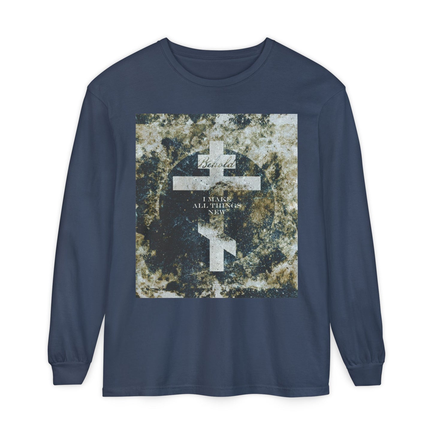 Behold, I Make All Things New | Revelation 21:5 | Cosmic Textured Orthodox Cross | Parousia | Orthodox Christian Long Sleeve Shirt