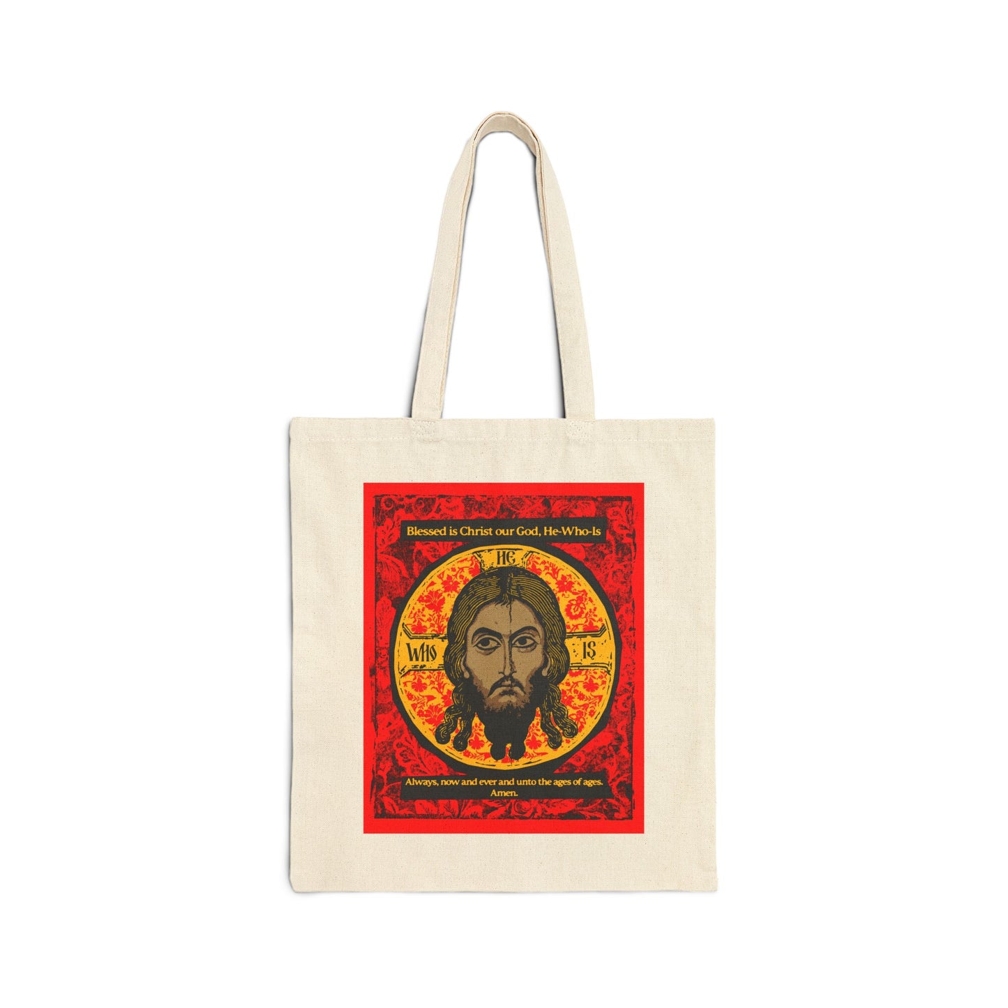 The "Made Without Hands (Mandylion)" tote bag by Remembrance of Death features a red, black, and yellow Orthodox icon-style graphic of Christ’s face with halo and religious text, inspired by Troparion Tone 2.