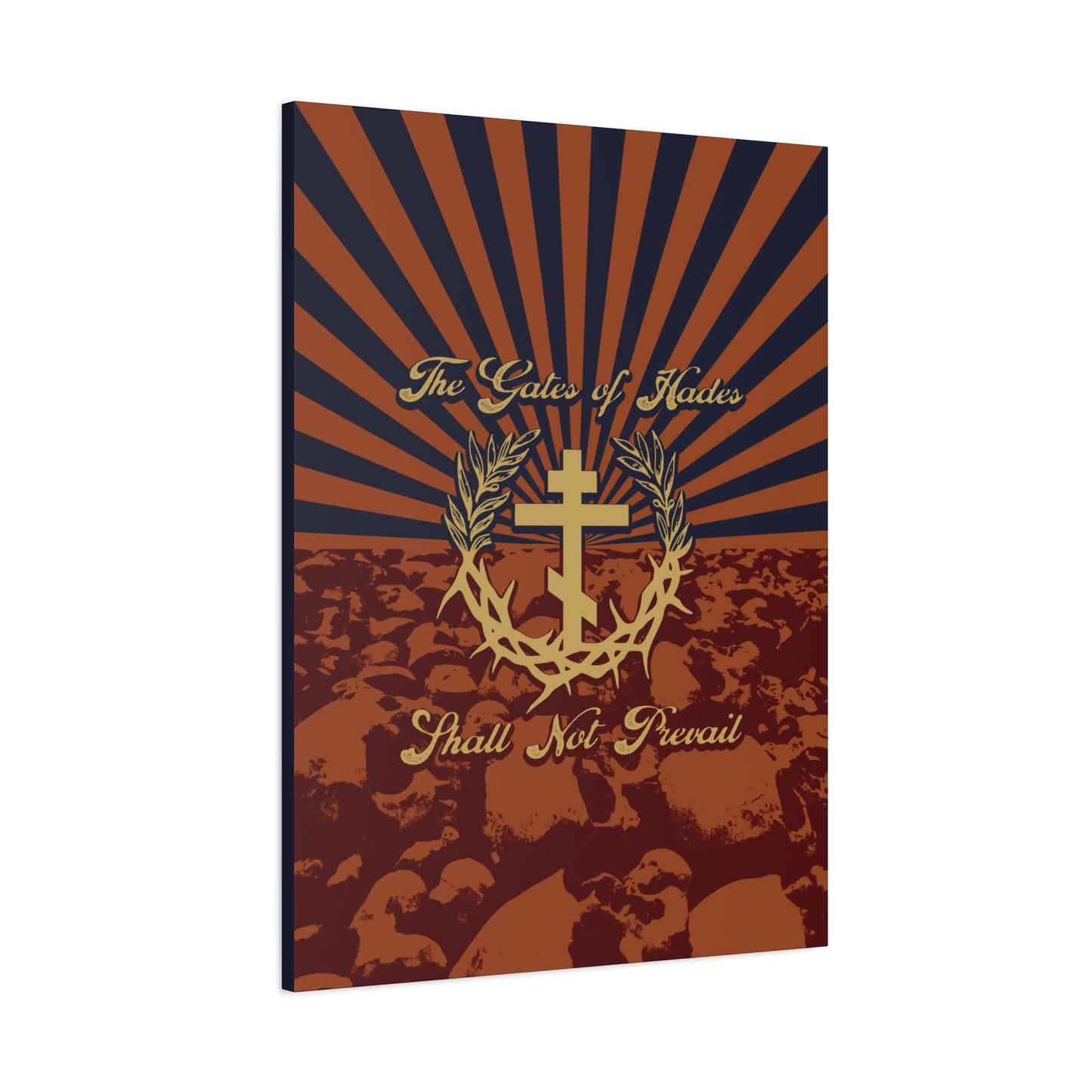 The Gates of Hades Shall Not Prevail | Cross with Wreath & Crown of Thorns | Skulls and Rays | Orthodox Christian Canvas Art