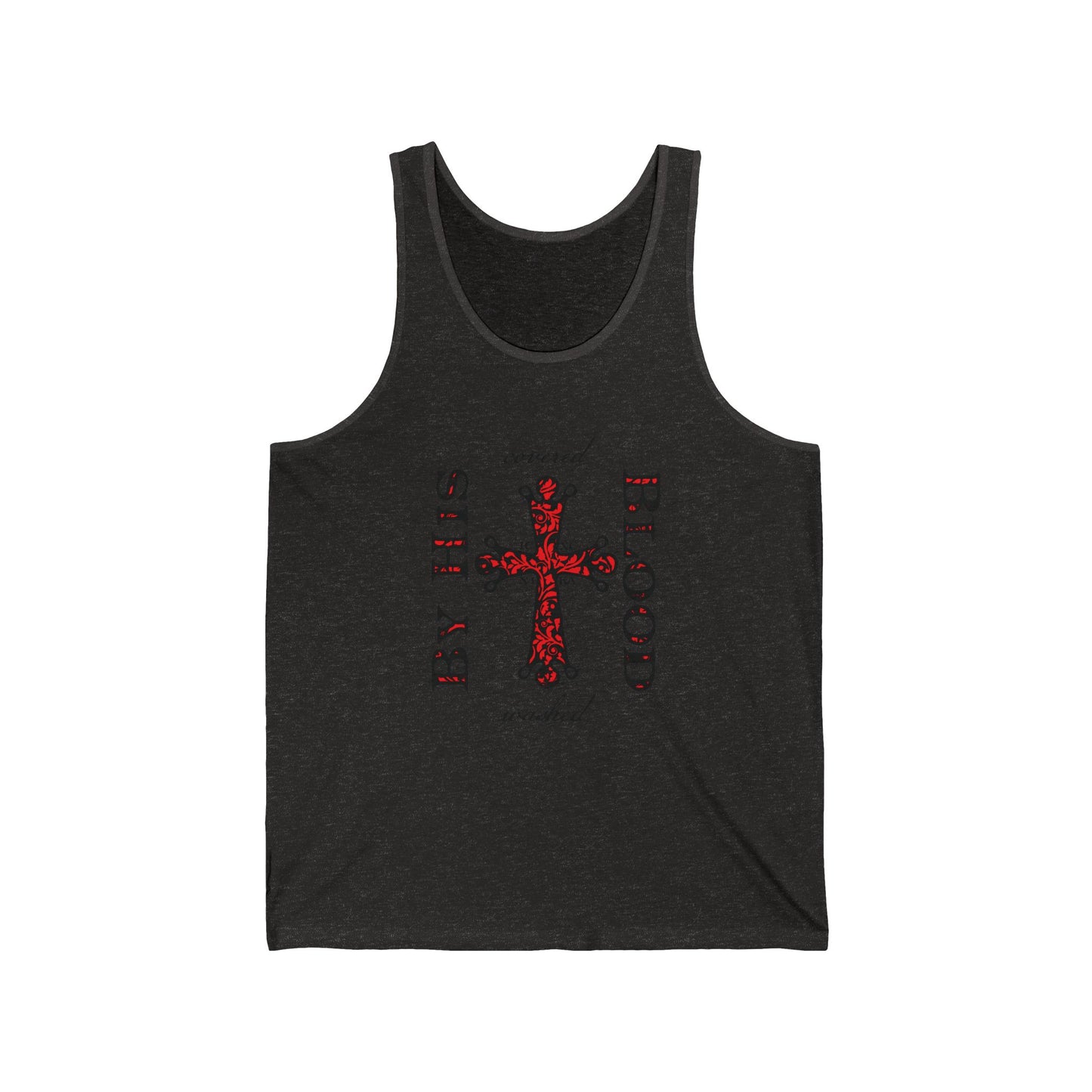 Washed/Covered By His Blood (1 John 1:7) | ICXC NIKA Ornate Red Orthodox Cross | Orthodox Christian Jersey Tank Top / Sleeveless Shirt