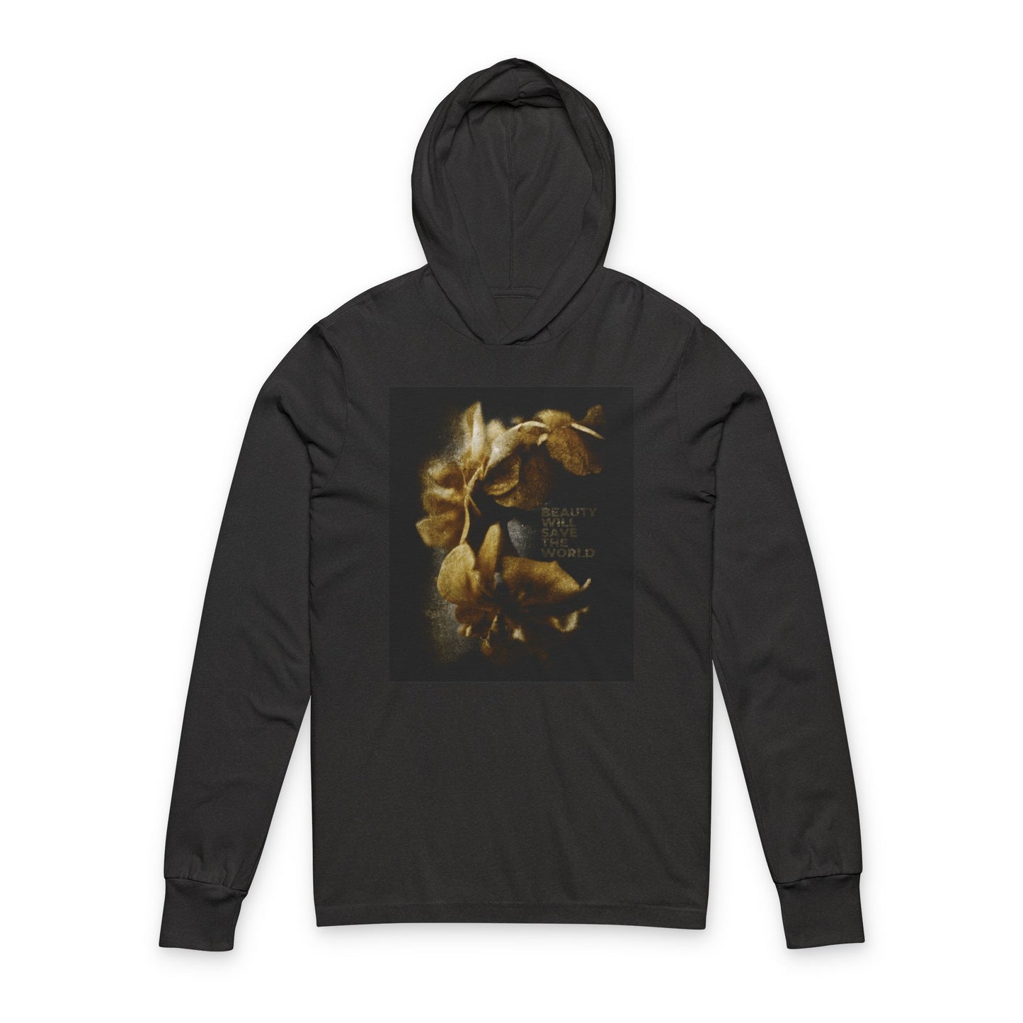 Charcoal Black TriBlend hoodie featuring "Beauty Will Save the World" and photographic artwork celebrating Jesus Christ, Universal Creator & King, inspired by Dostoevsky.