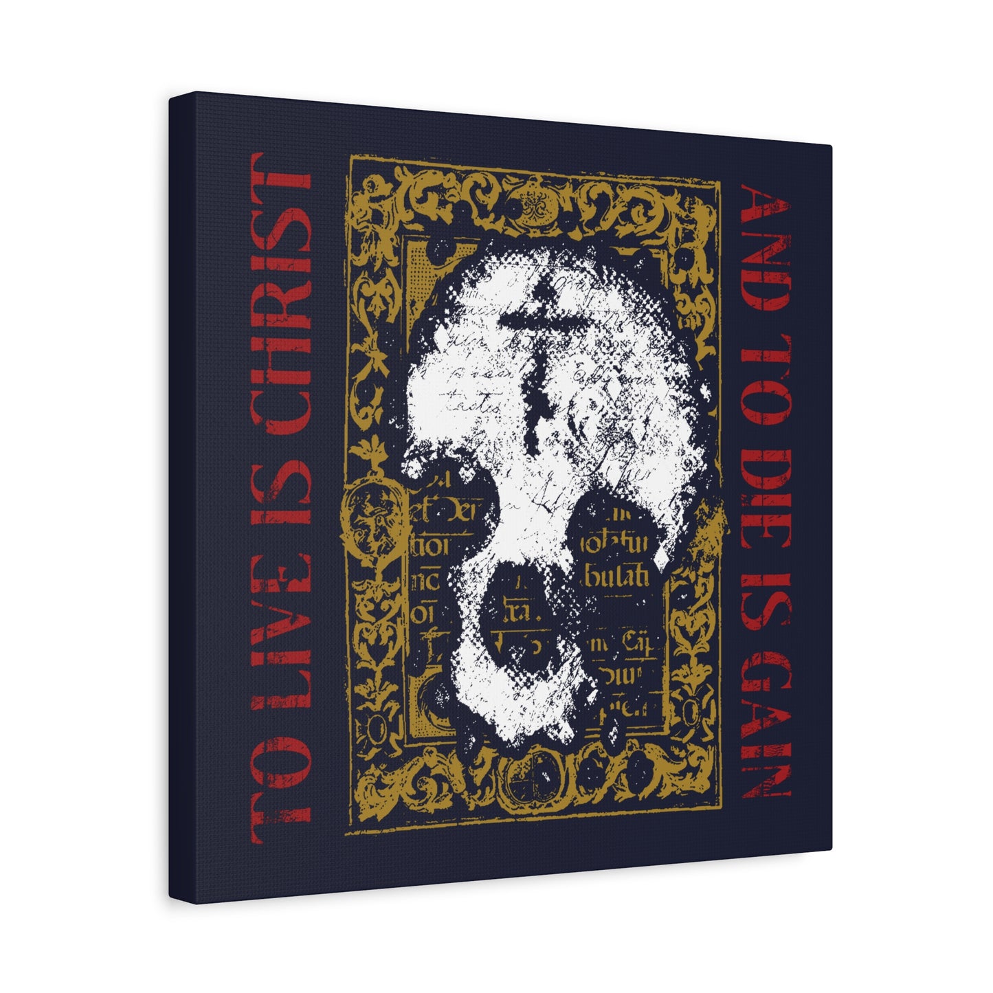 To Live is Christ, to Die is Gain (Philippians 1:21) | Skull with Cross on Gold Manuscript Texture | Orthodox Christian Canvas Art