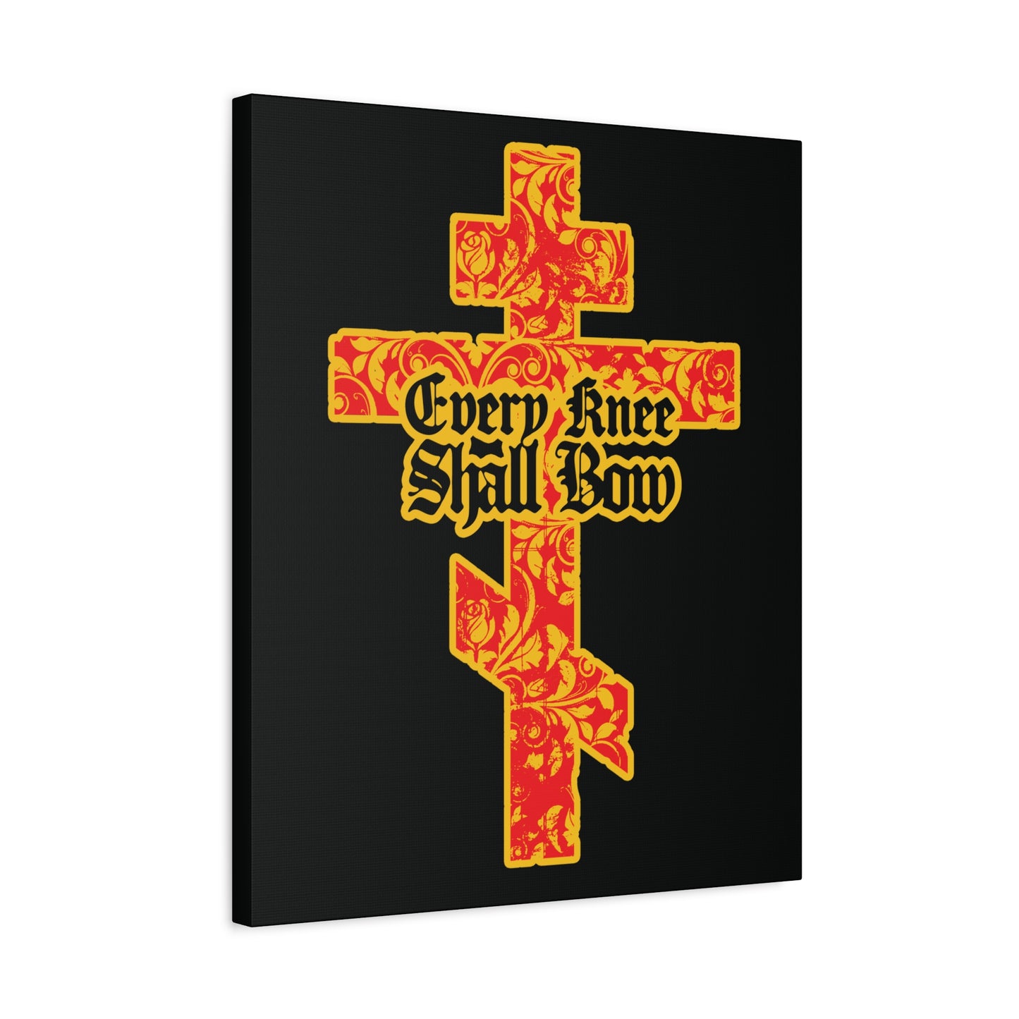 A gold and red floral Orthodox cross with "Every Knee Shall Bow" (Isaiah 45:22-24, Phil 2:7-11) in Gothic lettering; Christian wall art.