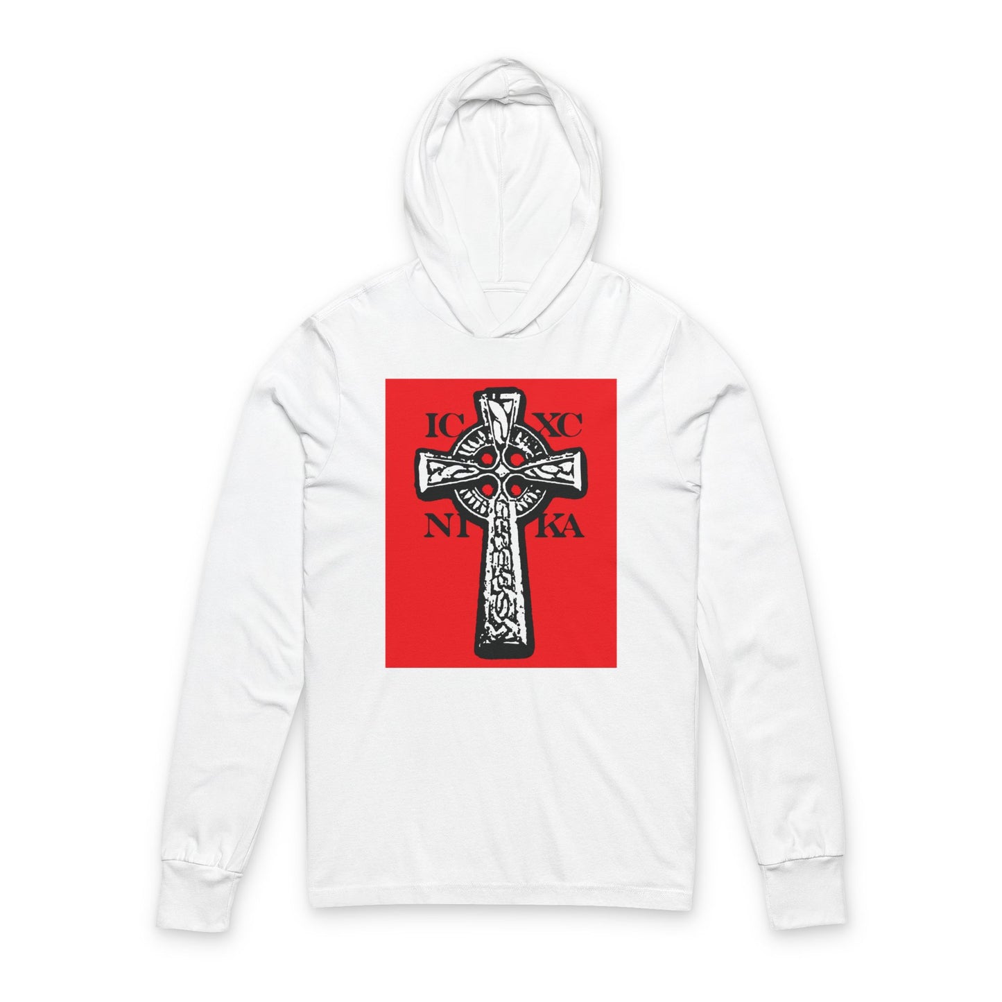 White hoodie featuring a black and white Celtic knotwork cross with "ICXC NIKA" text, set on a red background. Traditional Orthodox Christian design with "Jesus Christ Conquers" message.
