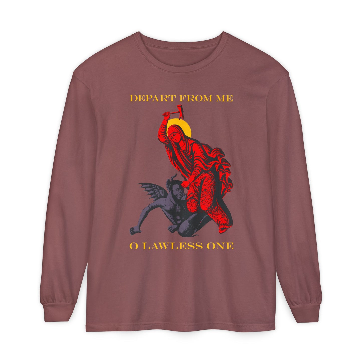 St Marina IconoGraphic (Depart from Me O Lawless One) | Saint Beating the Devil with a Hammer | Orthodox Christian Cotton Long Sleeve Shirt
