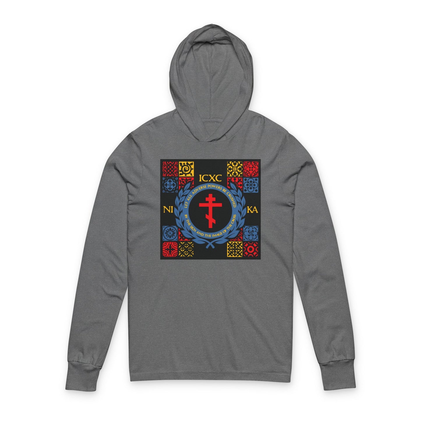 Let All Adverse Powers Be Crushed (Red, Yellow & Blue Design) | ICXC NIKA | Medieval Tile Design | Orthodox Long Sleeve Hooded Shirt