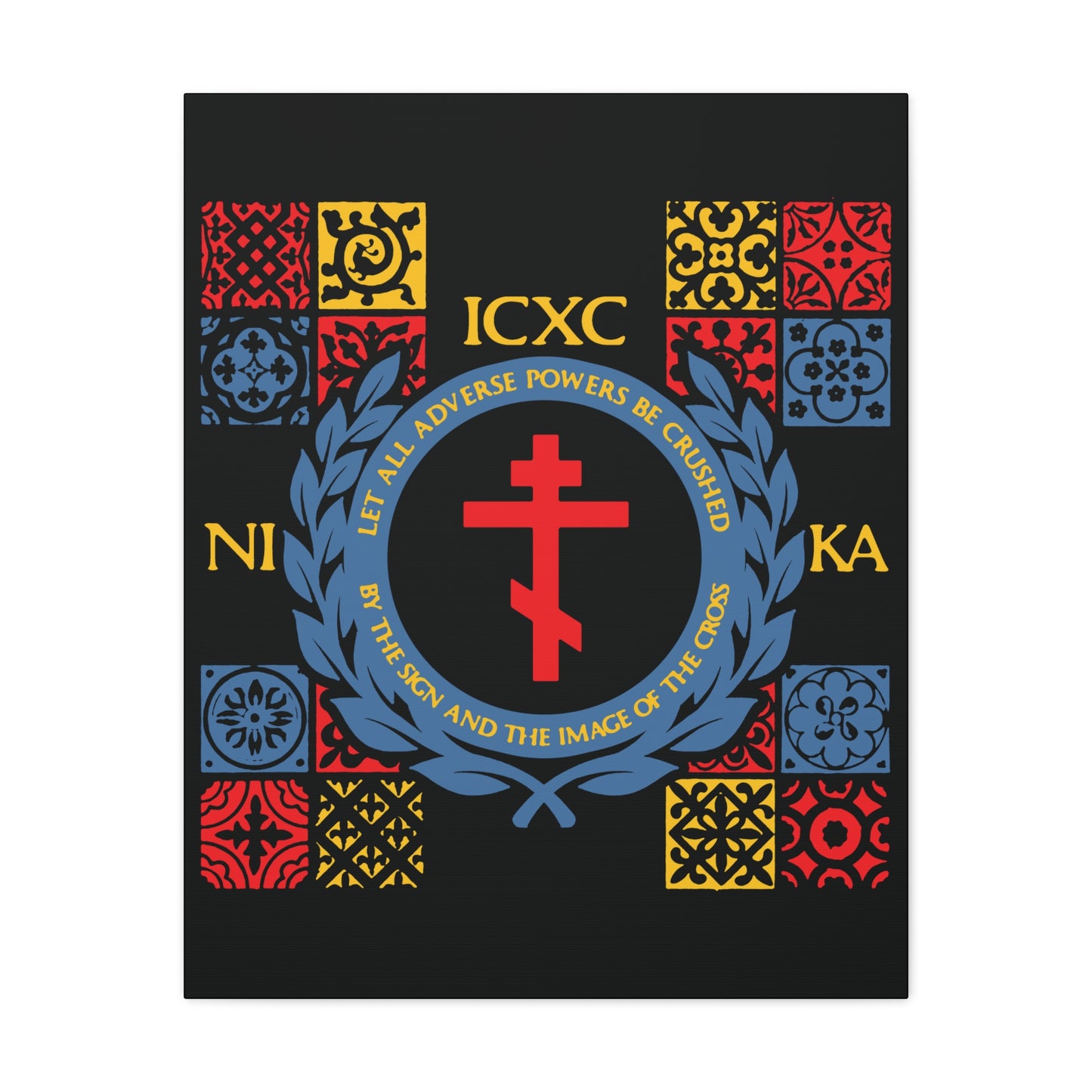 Let All Adverse Powers Be Crushed (Red, Yellow & Blue Design) | ICXC NIKA | Medieval Tile Design | Orthodox Christian Canvas Art