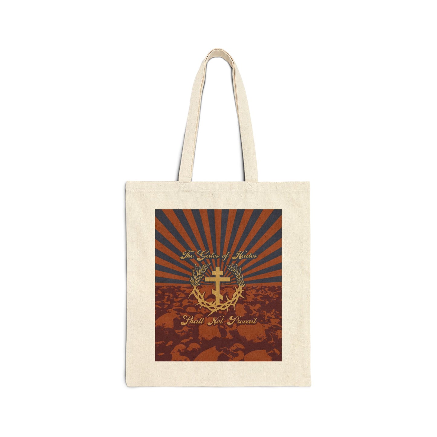 The Gates of Hades Shall Not Prevail | Cross with Wreath & Crown of Thorns | Skulls and Rays | Orthodox Christian Tote Bag