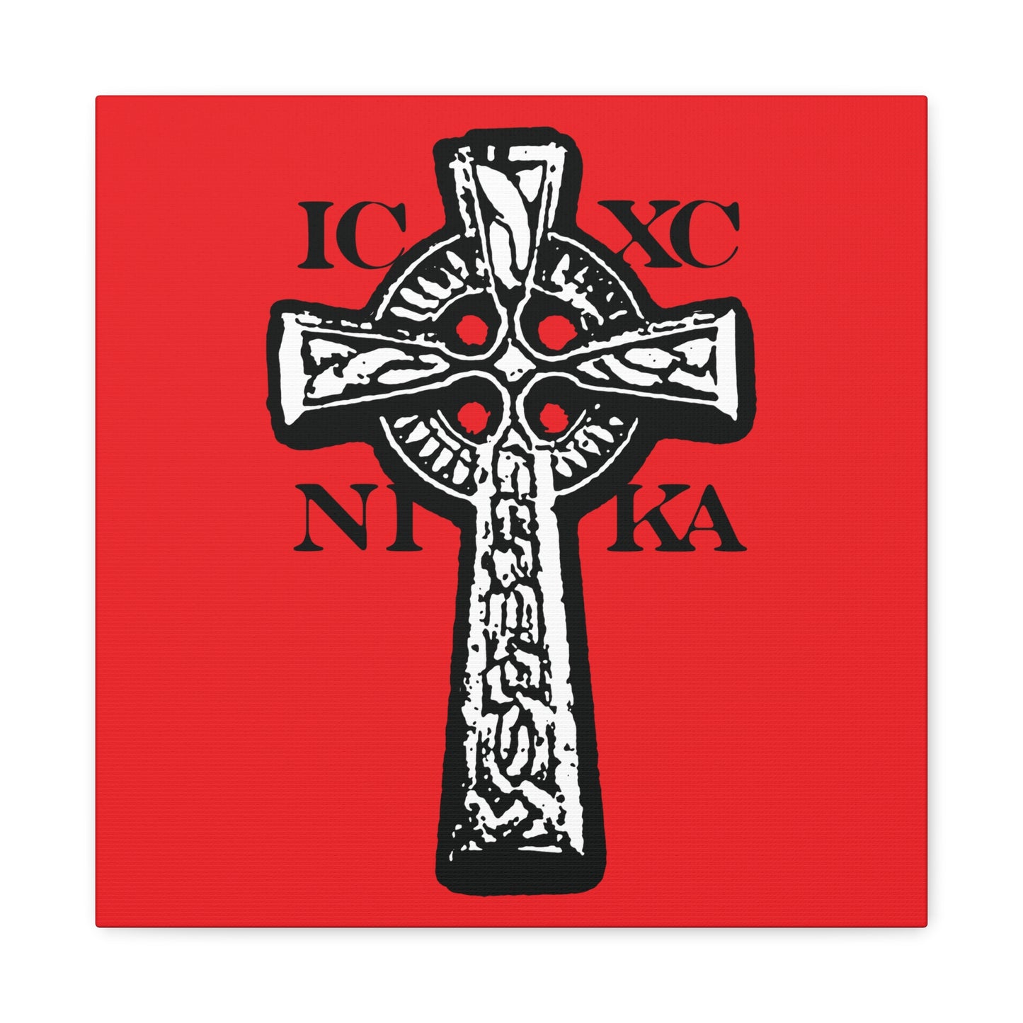 The ICXC NIKA Celtic Knotwork Cross features a black and white traditional Orthodox Christian design with Greek letters, "Jesus Christ Conquers," set against a striking red background.