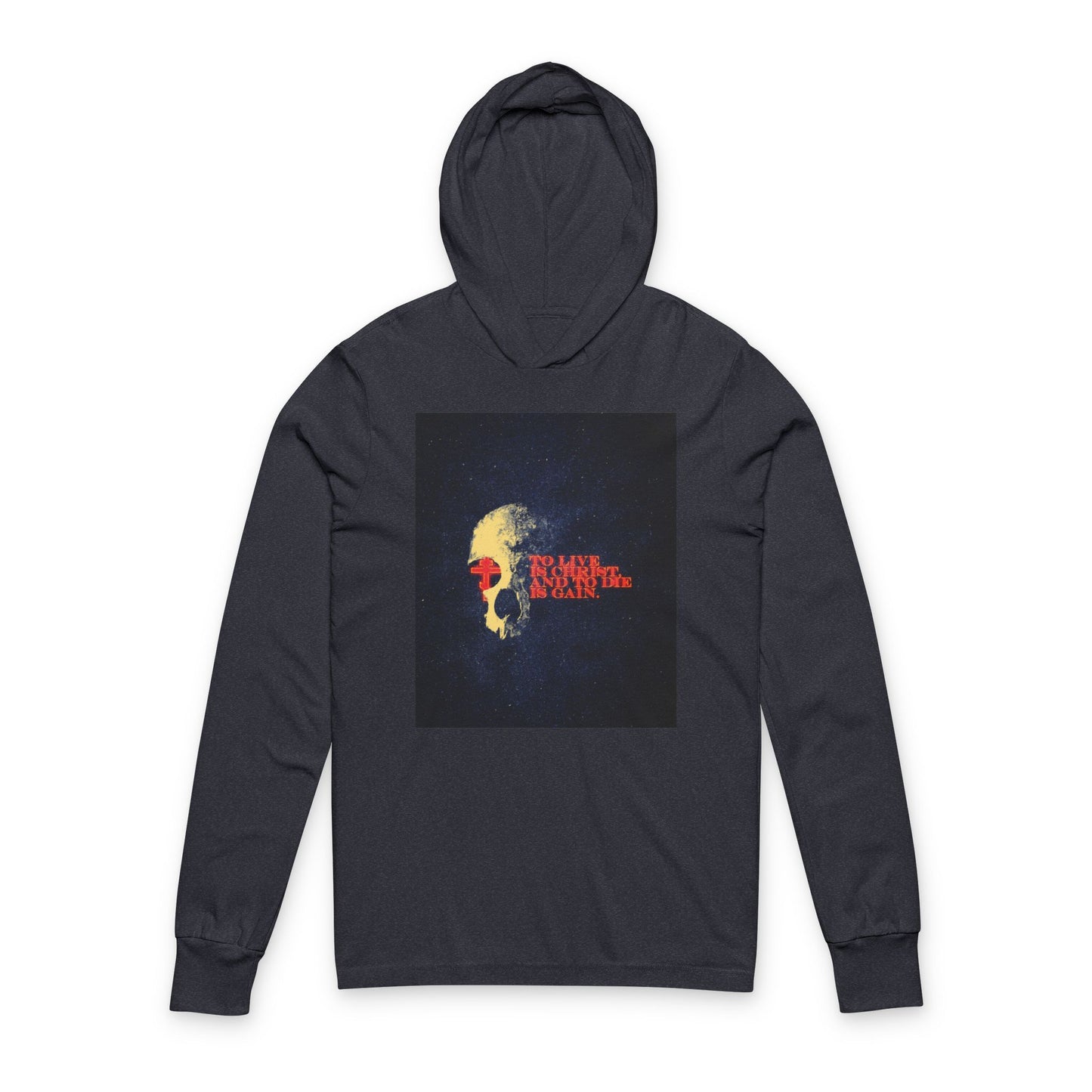 To Live is Christ and to Die is Gain | Phil 1:21 | Retro Texture | Glowing Letters and Cross with Skull | Orthodox Long Sleeve Hooded Shirt