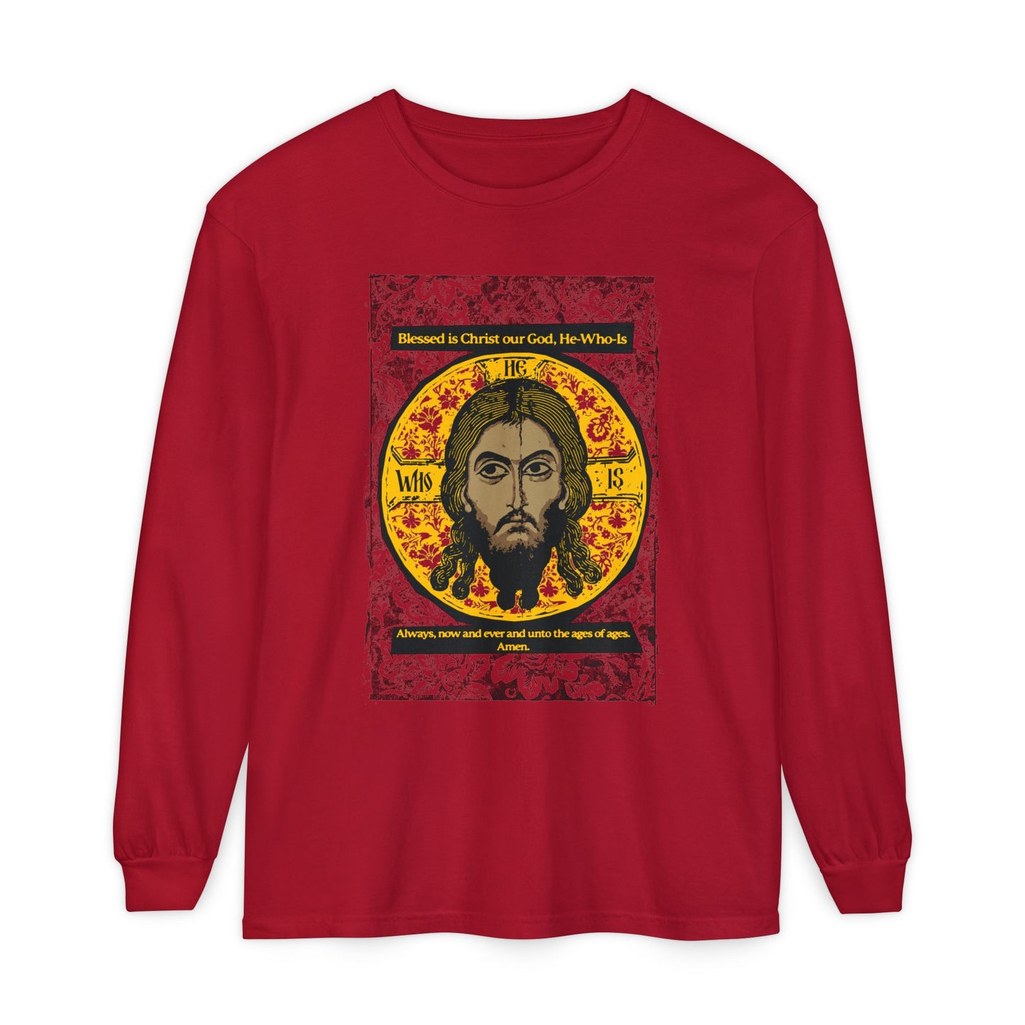 The Remembrance of Death "Made Without Hands" long-sleeve shirt features a red, black, and yellow graphic of Jesus Christ’s face with a golden halo and troparion text: "Blessed is Christ God, He Who Is," inspired by the Orthodox Mandylion icon.