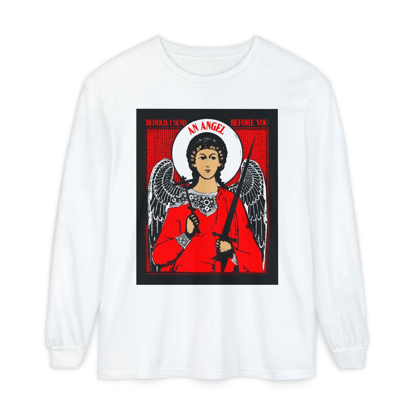 Behold, I Send an Angel Before You (Exodus 23:20) | Guardian Angel With Cross and Sword IconoGraphic | Orthodox Christian Long Sleeve Shirt