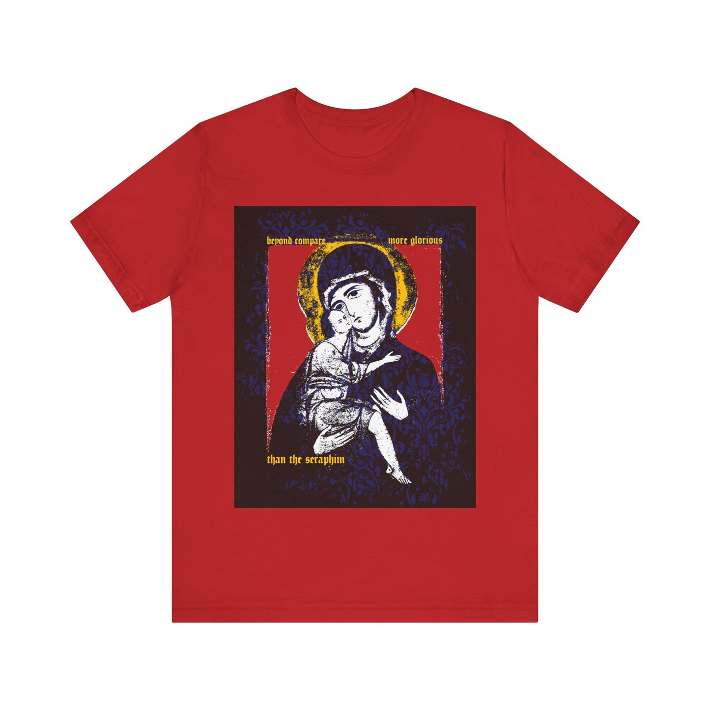 Red "Beyond Compare More Glorious Than the Seraphim" Orthodox Christian t-shirt featuring a Vladimir Theotokos icon with gold halo and religious text, symbolizing salvation.
