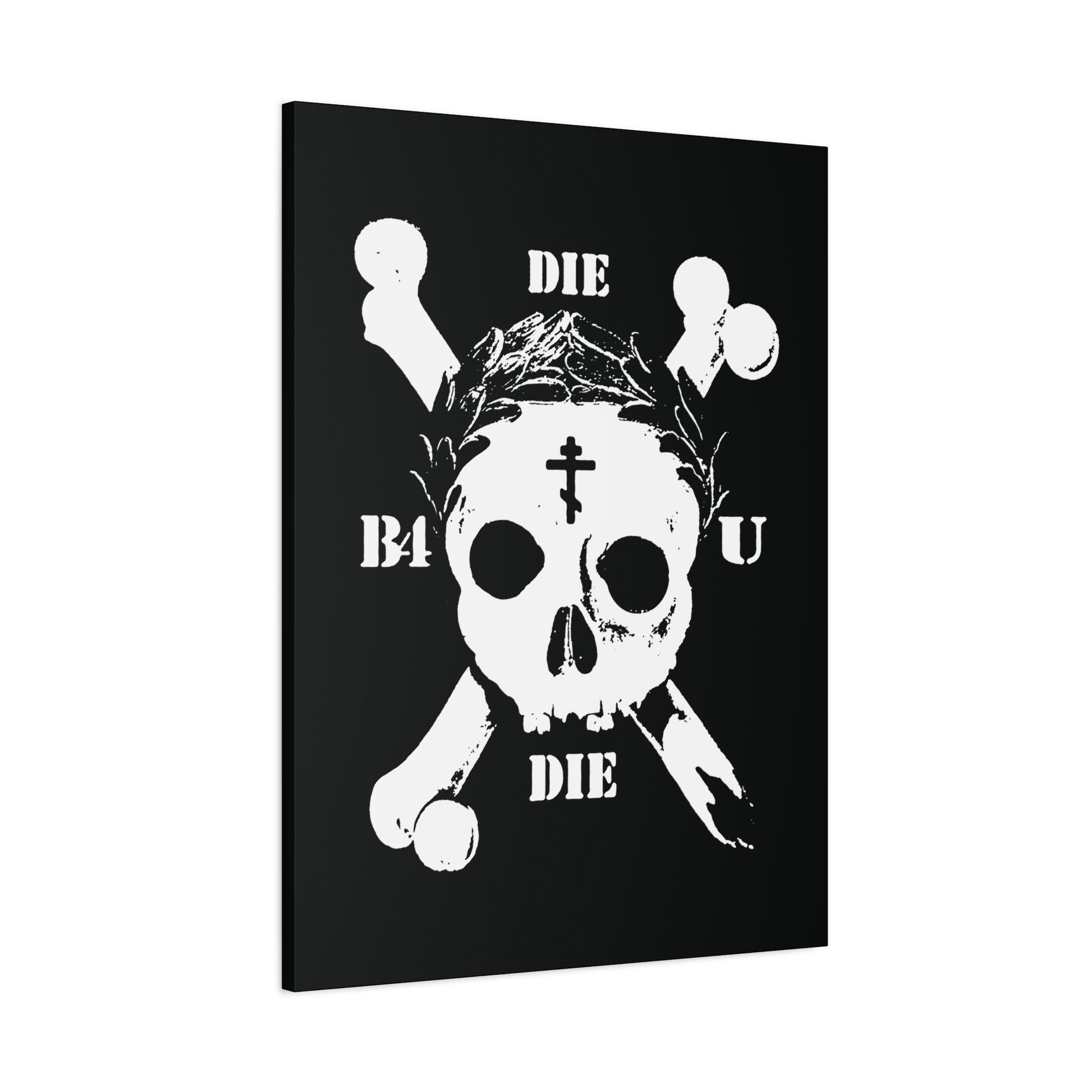 Die Before You Die wall art: black canvas with a white retro skull, crossbones, Orthodox cross, and laurel victory wreath—Ascetic Christian design inspired by Matthew 16:24-25. Memento Mori for your space.