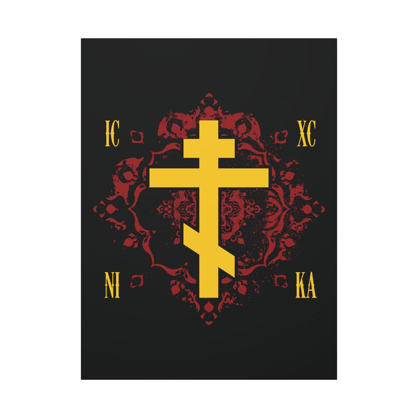 The ICXC NIKA Yellow Russian Cross, symbolizing Christ’s victory, stands out on an ornate red background in this Orthodox Christian canvas art.