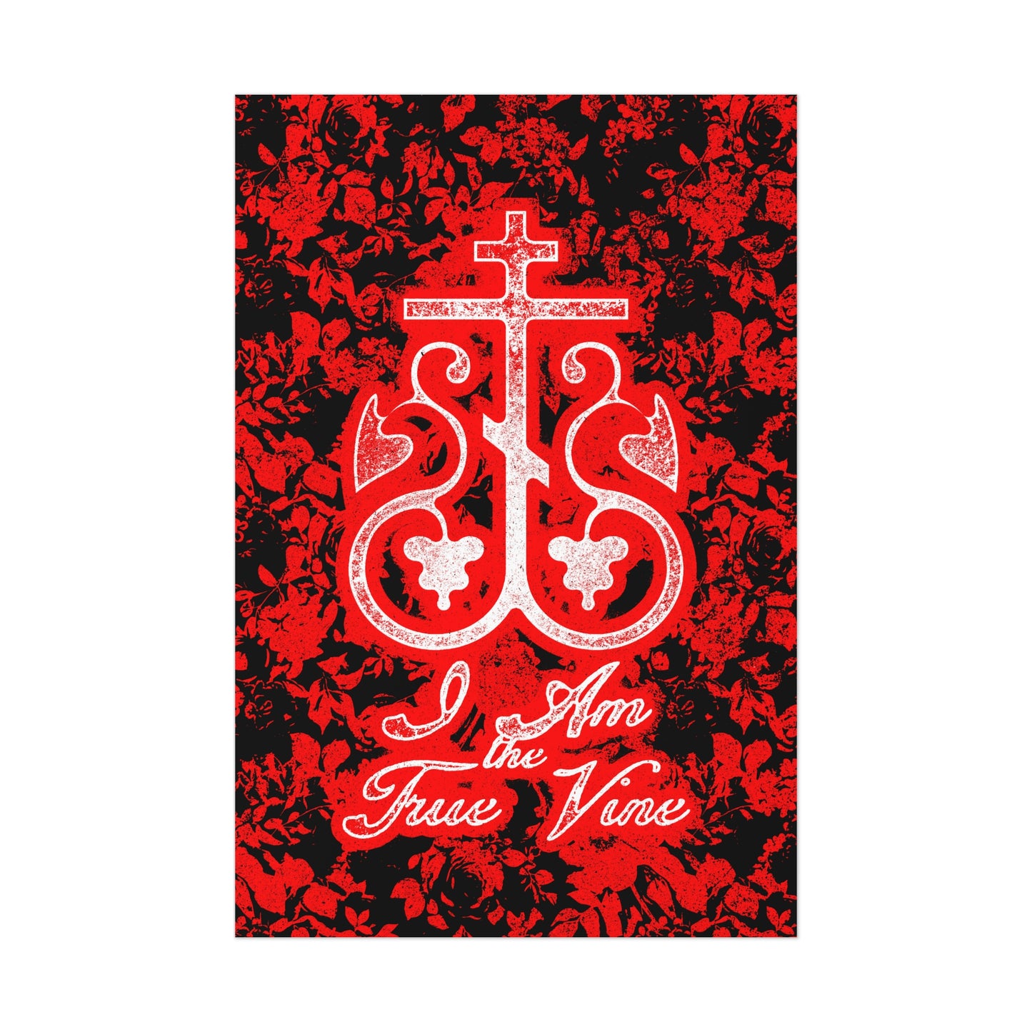 I Am the True Vine (John 15:1) | Orthodox Cross Vine Monogram | Red and Black Floral Design | Orthodox Christian Art Poster