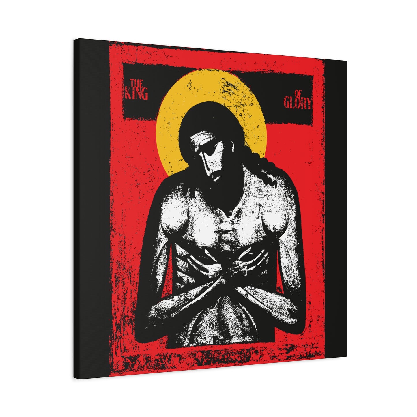 The King of Glory Jesus Christ "Extreme Humility" IconoGraphic—red, yellow, white & black Christian wall art with stylized Jesus, halo, arms crossed on red background and "The King of Glory" text, inspired by Isaiah 53.