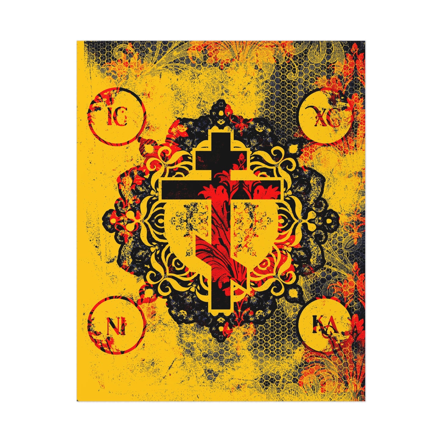 IC XC NIKA Orthodox Cross | Yellow & Red Modern & Medieval Textured Floral Design | Orthodox Christian Art Poster