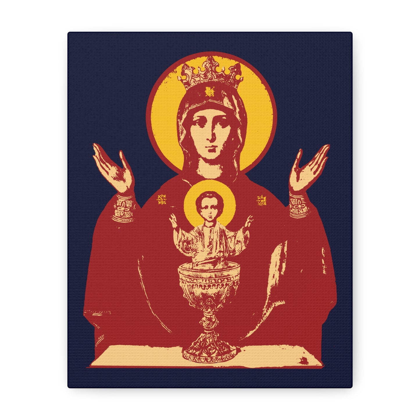 Holy Theotokos IconoGraphic of the Inexhaustible Chalice Orthodox wall art depicts the crowned Mother of God with halo, raised hands, and child in a chalice—Deliverer from Addictions and Conqueror of Passions—on a dark background.