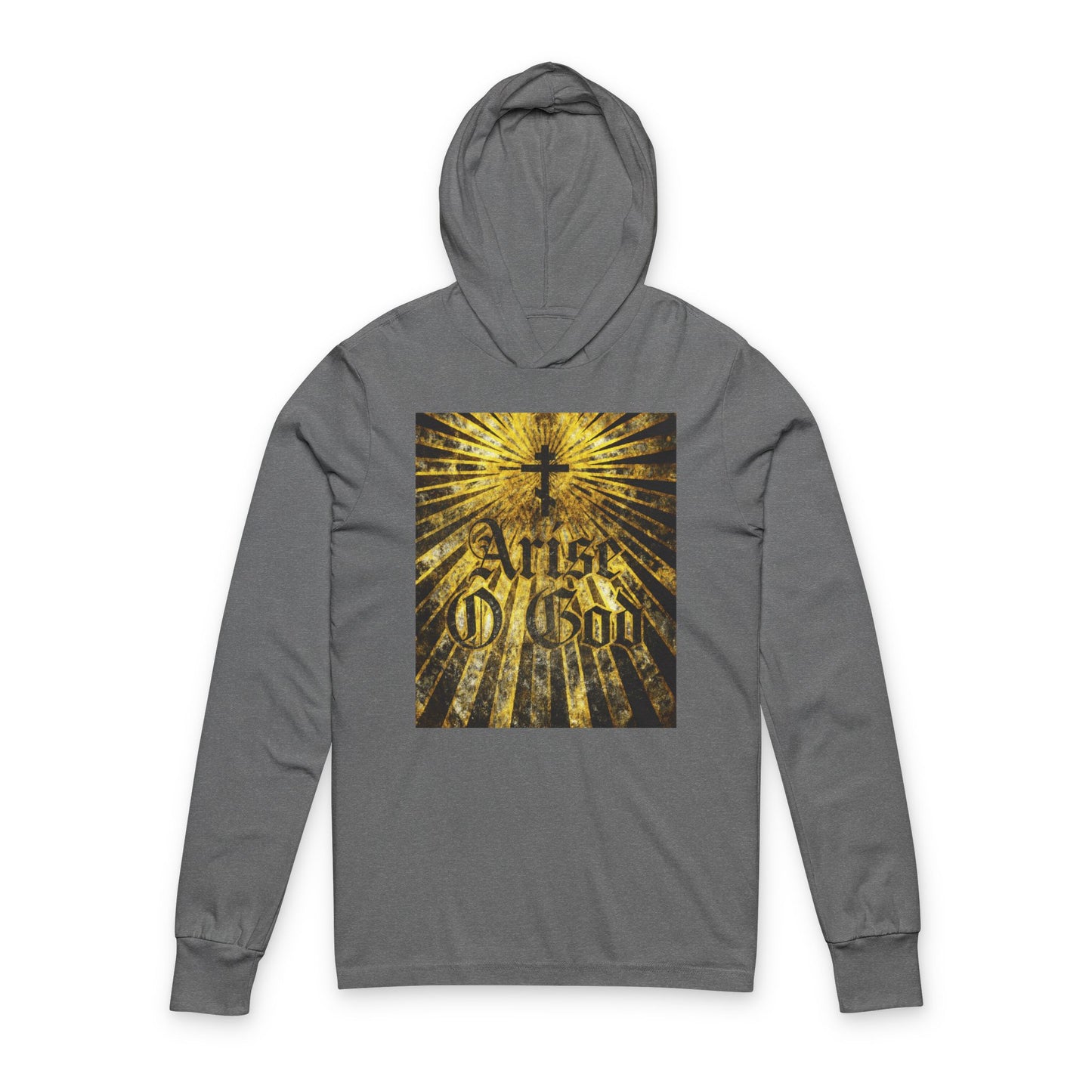Grey TriBlend hoodie featuring “Arise O God” in textured Gothic font with Orthodox cross and golden rays; inspired by Psalm 81 (82 LXX) and the Divine Council worldview. Orthodox Christian themed.