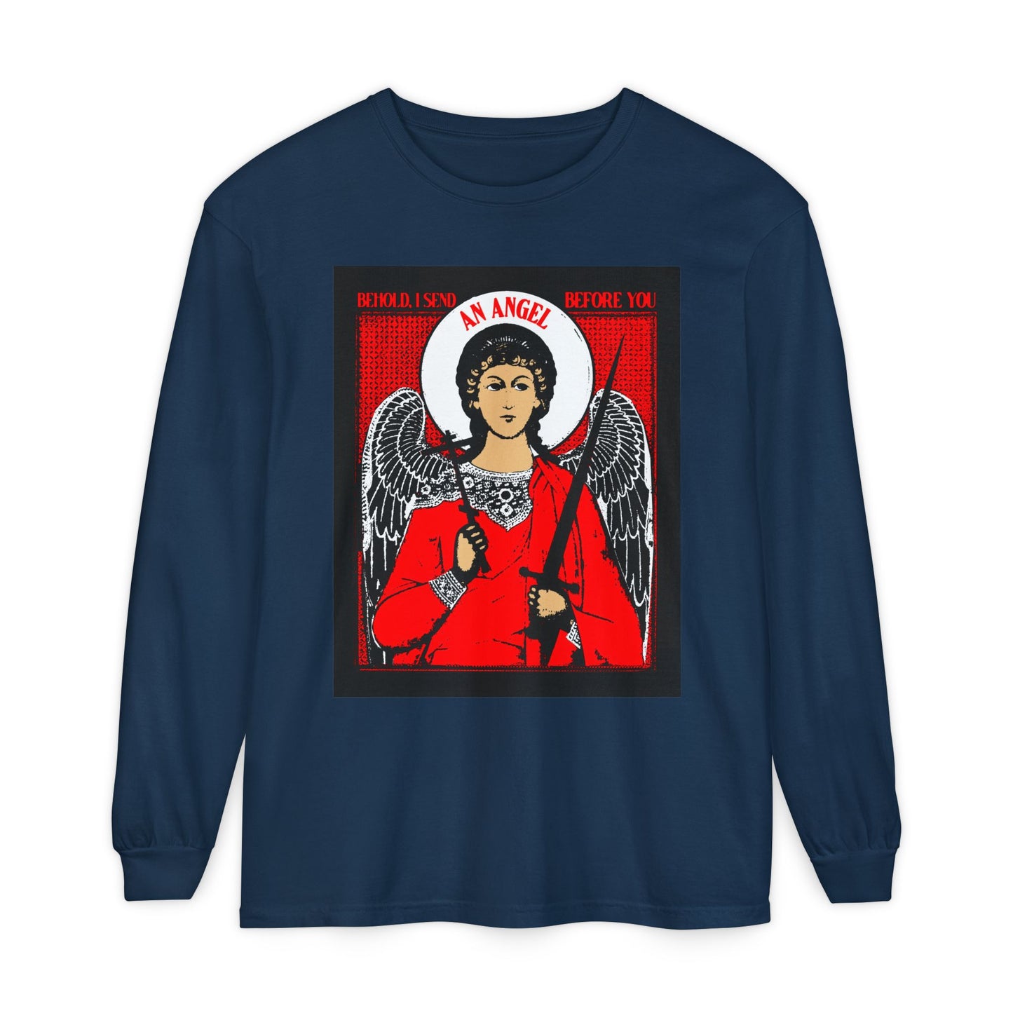 Behold, I Send an Angel Before You (Exodus 23:20) | Guardian Angel With Cross and Sword IconoGraphic | Orthodox Christian Long Sleeve Shirt