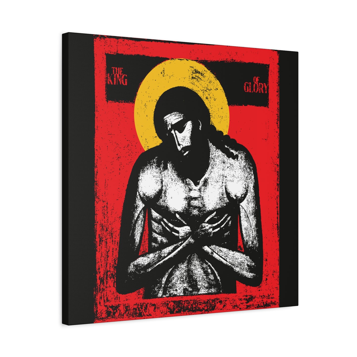 The King of Glory Jesus Christ 'Extreme Humility' IconoGraphic features a stylized image with yellow halo, red background, and 'The King of Glory' text, perfect as Christian devotional wall art.